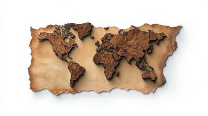 Vintage world map design carved into wood, showcasing intricate details of continents and oceans, perfect for travel enthusiasts.