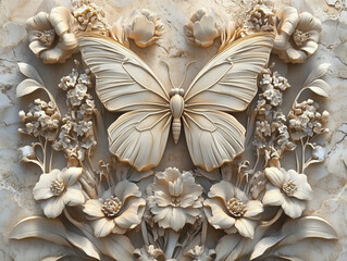 a detailed relief sculpture of a butterfly and flowers on stone.
