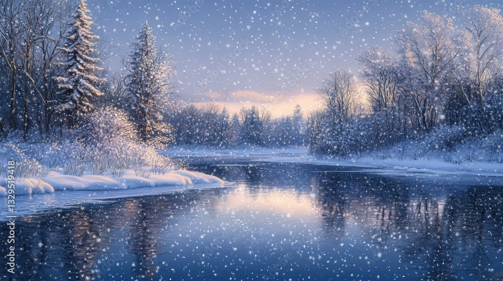 Poster a winter scene with sparkling snow illuminated by soft light, as delicate snowflakes float through t