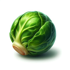 A single Brussels sprout, showcasing its green hue and layered leaves against a white background with a subtle shadow