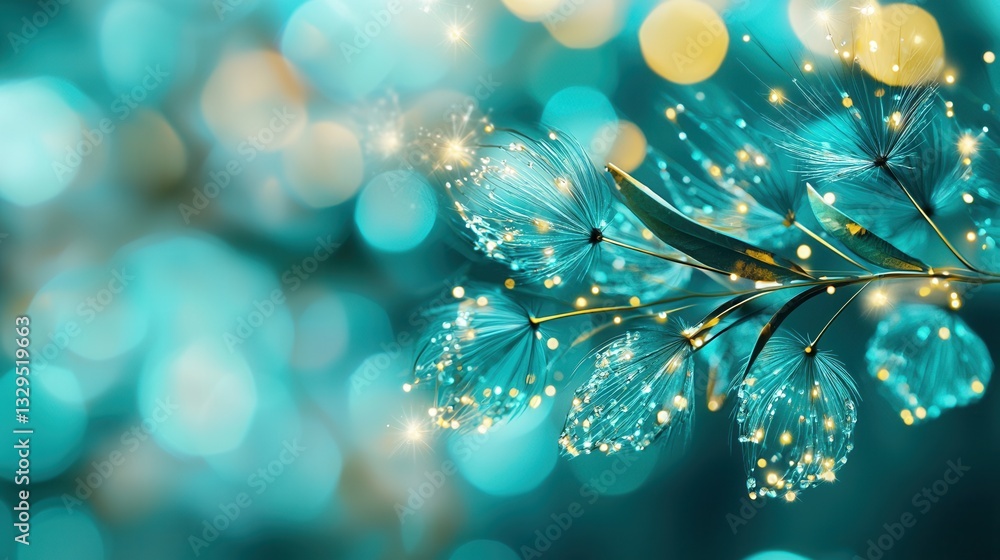 Poster a wispy dandelion with delicate floating seeds drift through a serene glowing turquoise mist creatin