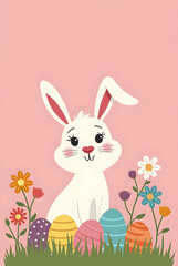 Fototapeta premium Adorable Easter Bunny Surrounded by Vibrant Painted Eggs and Fresh Spring Blooms on a Soft Pink Background – Festive Easter Greeting Card