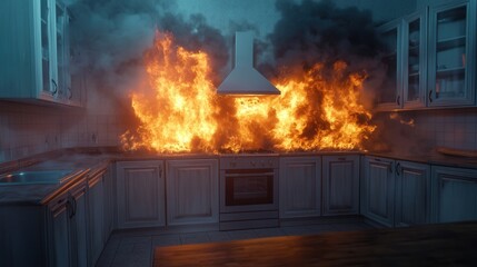 An intense and depiction of a kitchen interior being consumed by a raging fire with flames and smoke filling the space