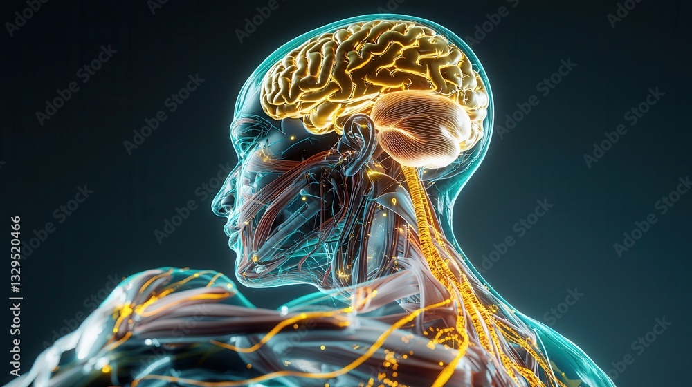 Poster this striking digital presents a futuristic conceptual visualization of the human brain and nervous 