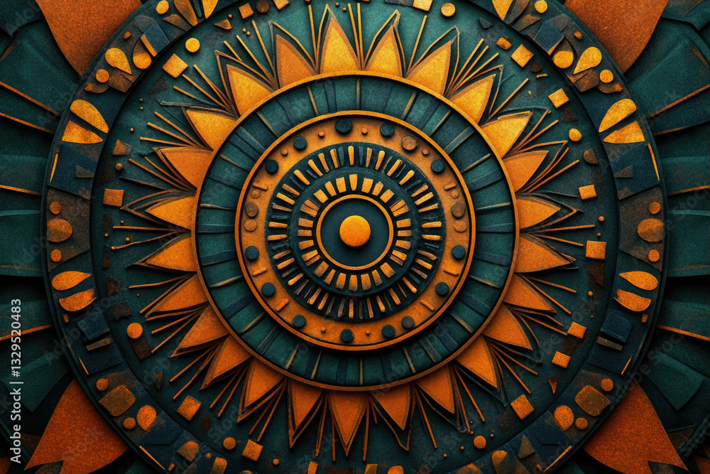Poster Intricate mandala design in teal and gold, showcasing concentric circles and geometric patterns.