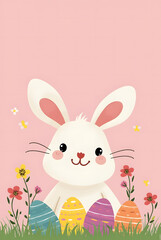 Fototapeta premium Adorable Easter Bunny Surrounded by Vibrant Painted Eggs and Fresh Spring Blooms on a Soft Pink Background – Festive Easter Greeting Card