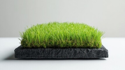 Patch of bright green grass sits on a dark textured stone base isolated on a white background