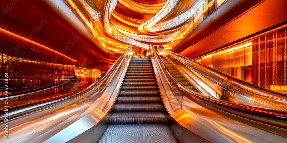 Poster a stunning escalator in a modern setting. the design features warm amber tones and smooth lines. a b