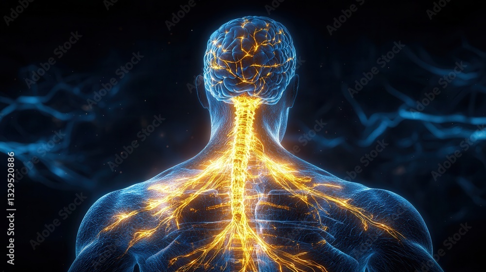 Poster a futuristic and highly detailed digital depicting an intricate glowing neural network system that r