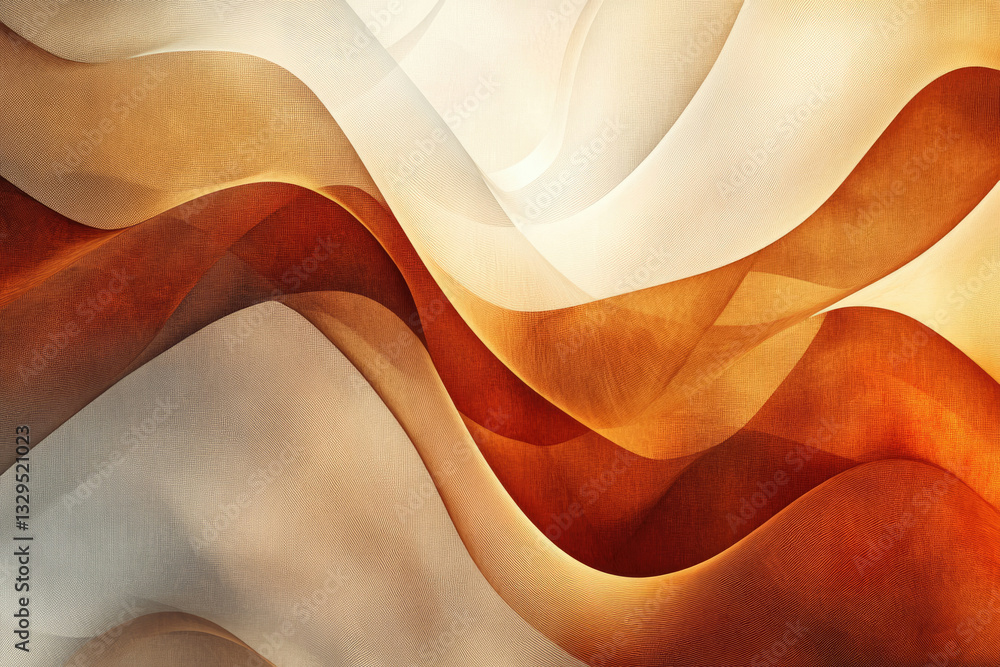 Poster Abstract art depicting flowing, translucent fabrics in shades of beige and brown, creating a wave-like pattern.