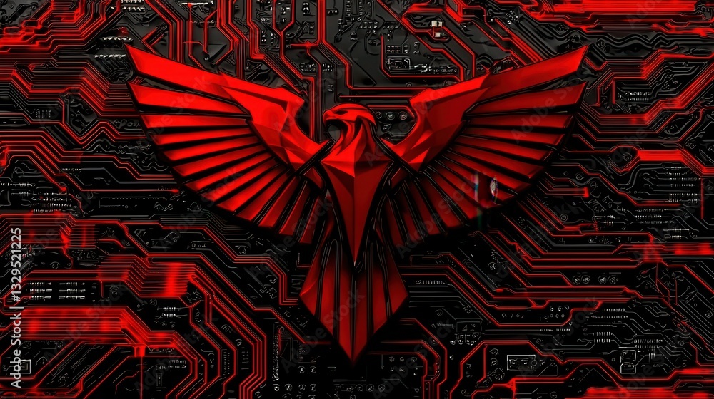 Poster a striking and intricate digital emblem with a futuristic aesthetic featuring a stylized red winged 