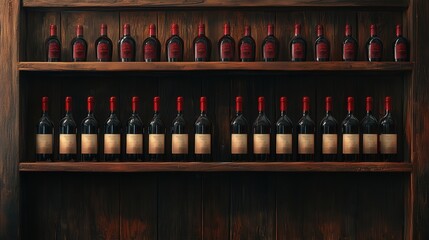A wooden shelf holds rows of carefully arranged red wine bottles