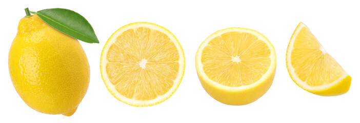 lemon fruit with leaves, slice and half isolated, transparent png, PNG format, collection