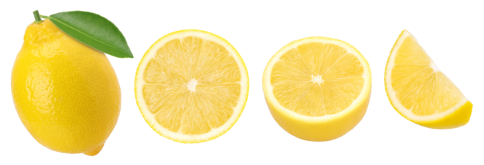 lemon fruit with leaves, slice and half isolated, transparent png, PNG format, collection