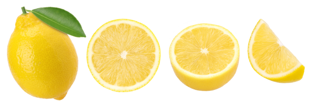 lemon fruit with leaves, slice and half isolated, transparent png, PNG format, collection