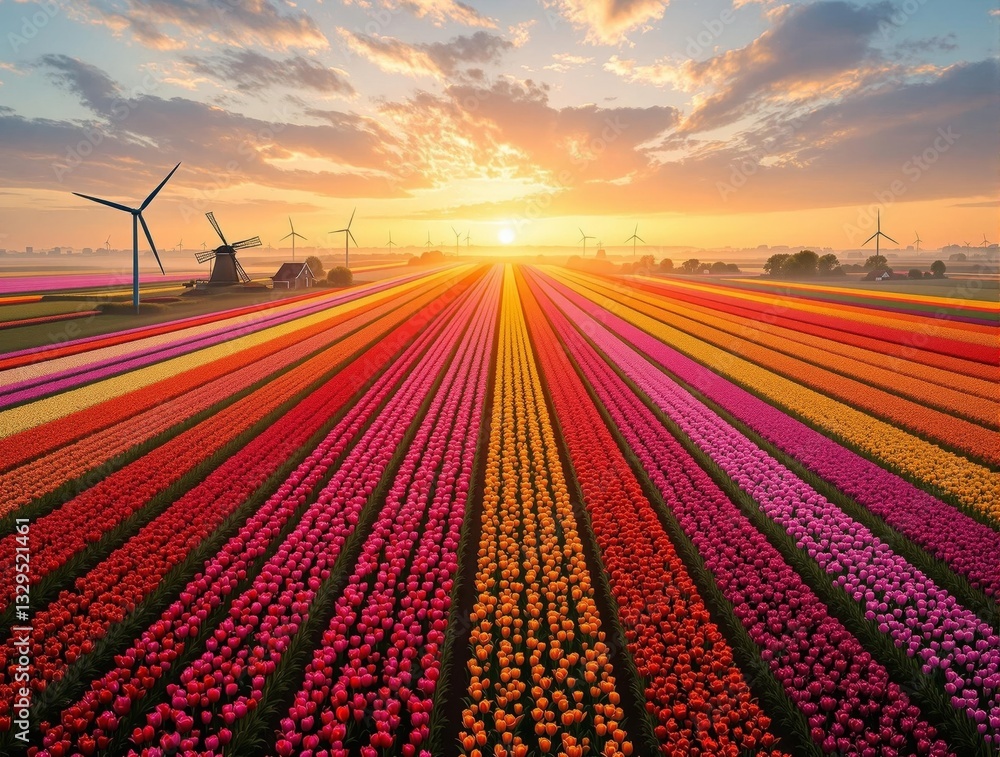 Poster a vivid portrayal of a field of tulips bathed in the golden hues of a setting or rising sun, with wi