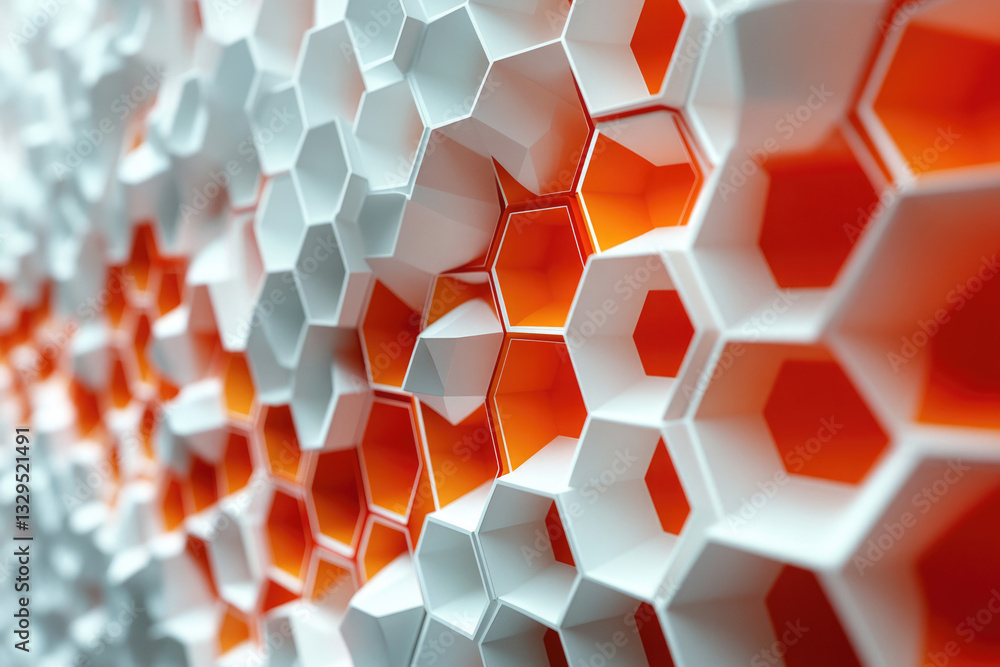 Aufkleber Abstract 3D rendering of a honeycomb structure with white and orange hexagons.