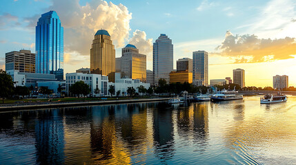 Fototapeta premium City Skyline at Sunset with Reflections in Water
