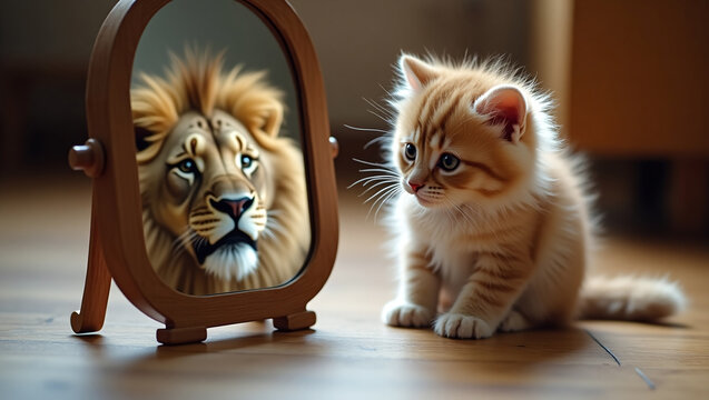 Kitten Can Looking at Mirror Seeing Lion Reflection, Self Esteem and Confidence, Believe in Yourself, Inner Potential