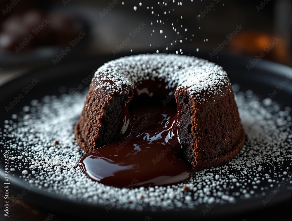Poster a chocolate lava cake generously dusted with powdered sugar, with a glossy chocolate sauce drizzled 