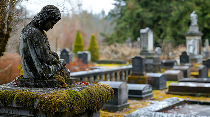 Moss-Covered Mourning Statue in a Cemetery