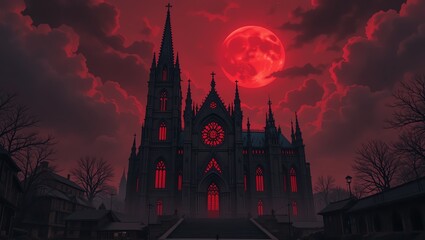 A gothic cathedral silhouette under a dramatic red moon, surrounded by eerie clouds, creating a hauntingly beautiful atmosphere.