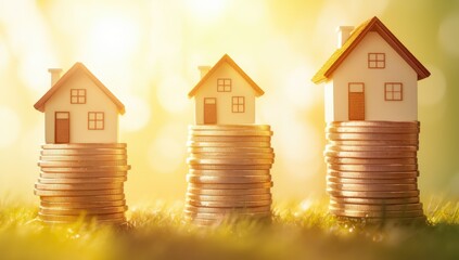 Rising home prices; miniature houses atop stacks of coins; sunny grassy field background; real estate investment