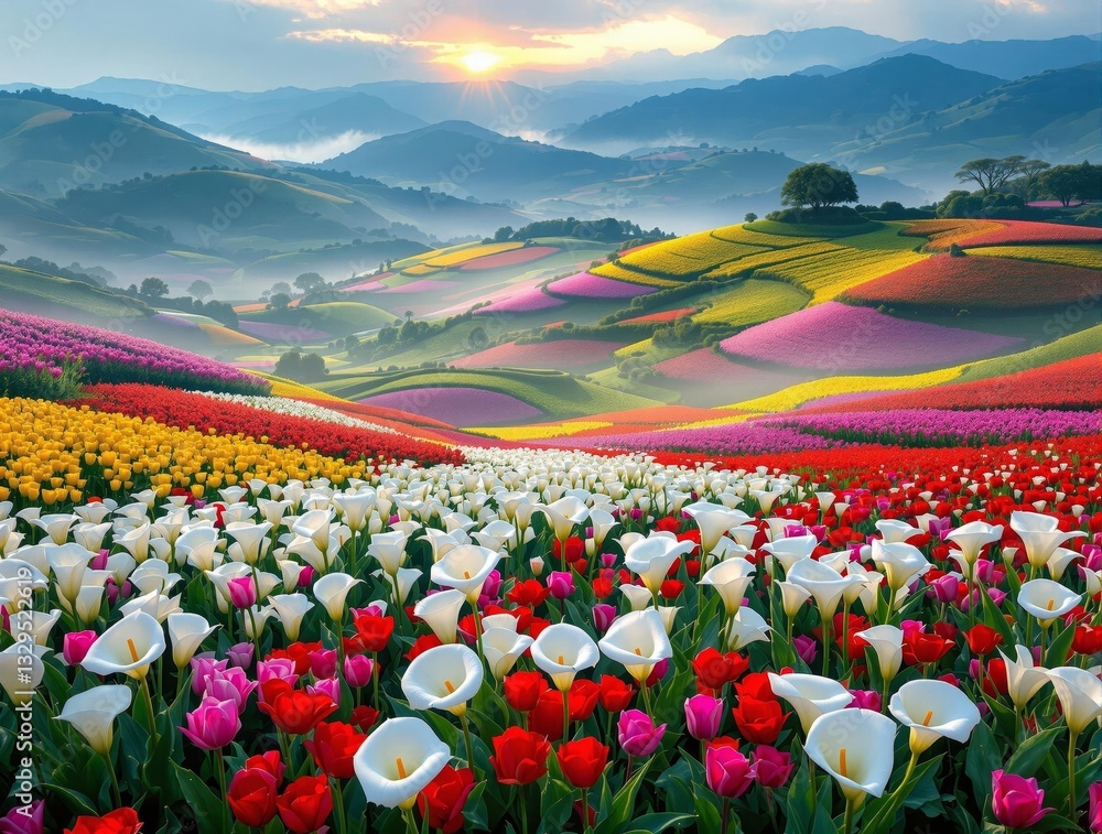 Poster a vivid portrayal of a field of tulips bathed in a spectrum of colors, with a backdrop of majestic m