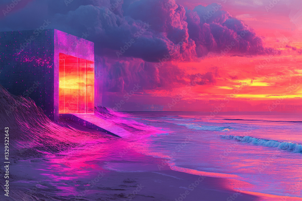 Poster a vibrant digital art depicting a glowing cube structure on a beach during a surreal sunset.
