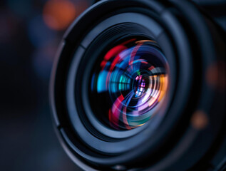 A close-up of a camera lens with a blurred background, emphasizing its intricate details and vibrant colors.