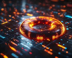 Futuristic Glowing Donut Chart Visualizing Budget Allocation Details in Augmented Reality Space