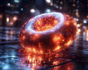 Futuristic Glowing Donut Chart Visualizing Budget Allocations in Vivid Digital Augmented Reality Setting