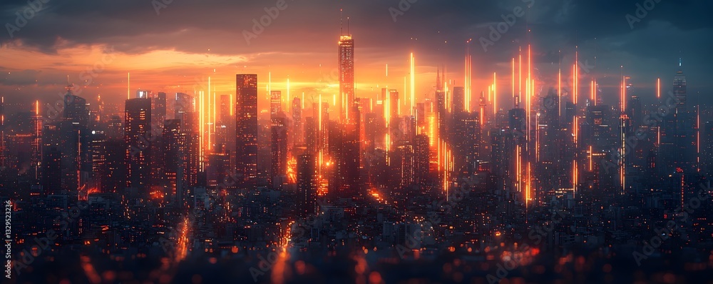 Poster glowing histogram chart overlaying a futuristic cityscape at night visualizing urban data patterns