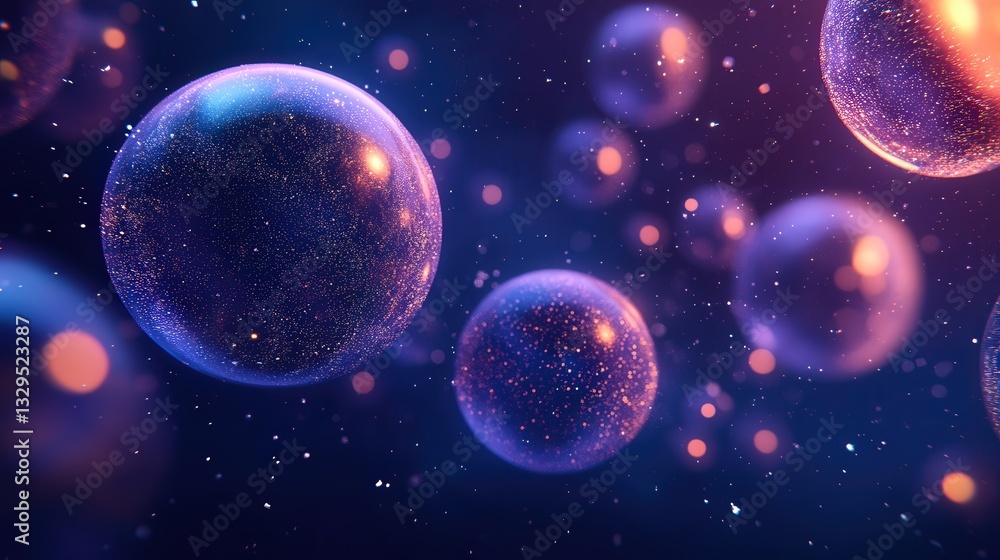 Poster abstract bokeh lights float like glowing orbs over a dark blue background, accompanied by subtle spa