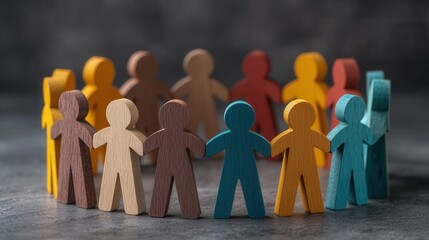 A colorful composition featuring a diverse group of wooden figures standing in a circle symbolizing