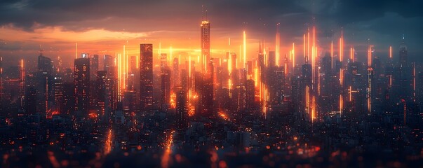 Glowing Histogram Chart Overlaying a Futuristic Cityscape at Night Visualizing Urban Data Patterns