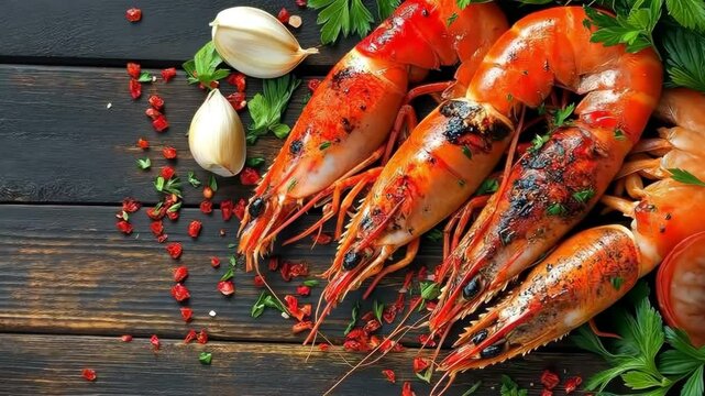 Pasta on a wooden table with grilled prawns, garlic and parsley