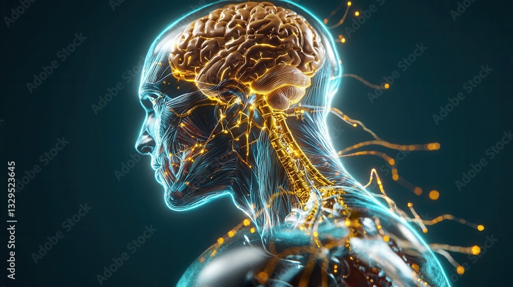 Poster a striking and visually captivating 3d rendering of the human brain showcasing its intricate neural 