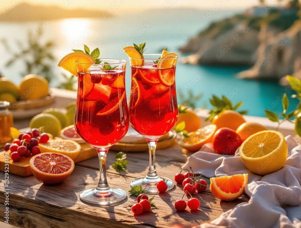 Poster two refreshing cocktails are presented on a wooden table with a scenic view of the ocean in the back