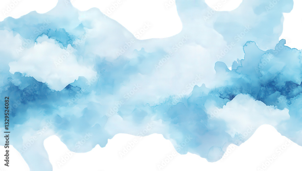 Poster a serene watercolor illustration depicting soft billowing clouds in varying shades of blue and white