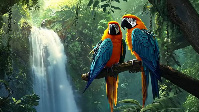 Two vibrant macaws perched on a branch in a lush rainforest with a waterfall in the background