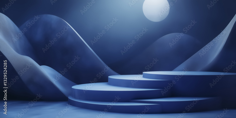 Poster serene blue abstract background with geometric shapes and moonlit atmosphere. scene features curved 