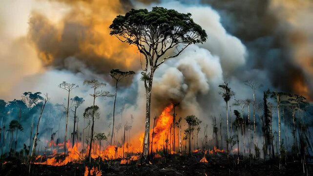 Forest in flames during a wildfire with heavy smoke billowing over the landscape in a remote area
