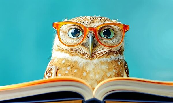 Cute wise owl with eye glasses reading a book