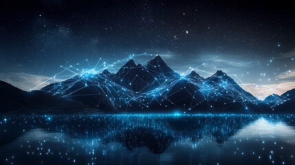 Mountains and water with glowing sky