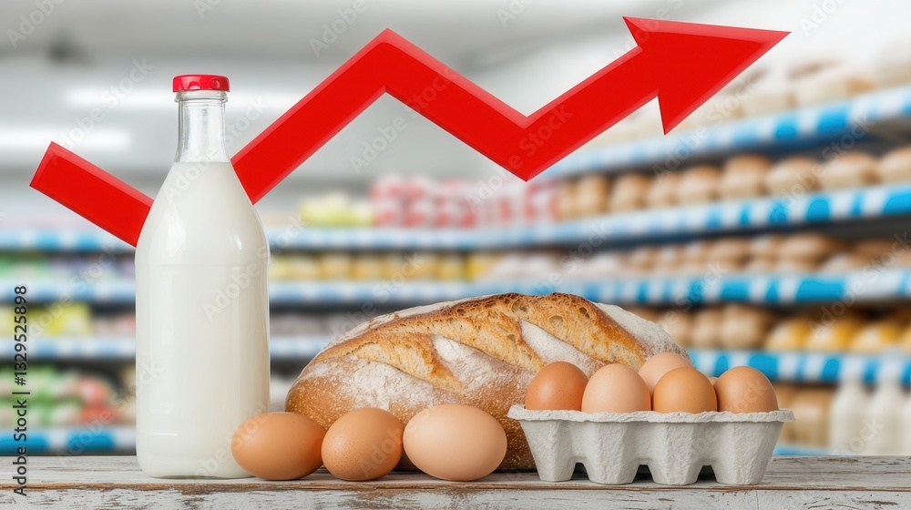 Poster a image depicting various grocery items such as milk eggs and bread on shelves in a retail market en