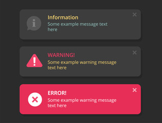 Notification ui windows vector set, dark black interface push error warning caution notice system messages for mobile app or website elements, popup reminder alerts template, web software pop up
