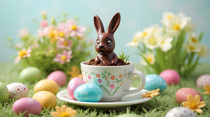 Chocolate Easter Bunny in a Festive Cup Surrounded by Colorful Eggs, Spring Flowers, and Delicate Decorations for a Joyful Celebration