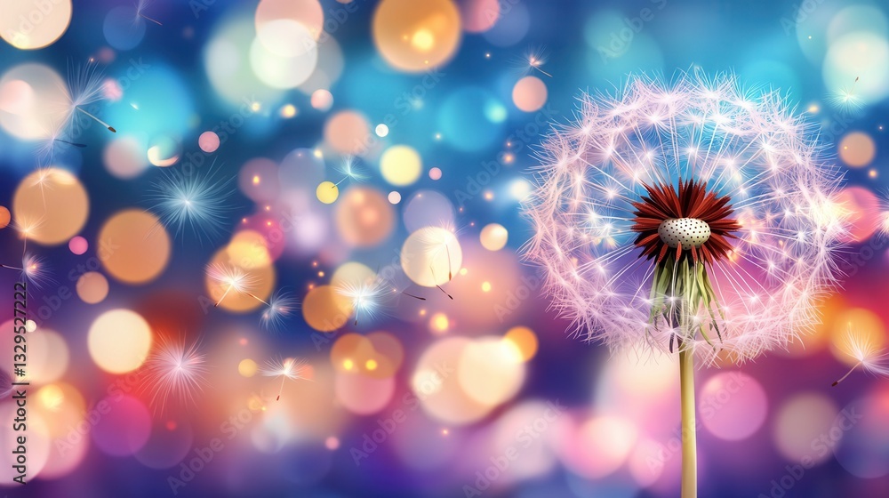 Poster a delicate dandelion seed effortlessly floating in the air surrounded by a dreamlike glowing and vib