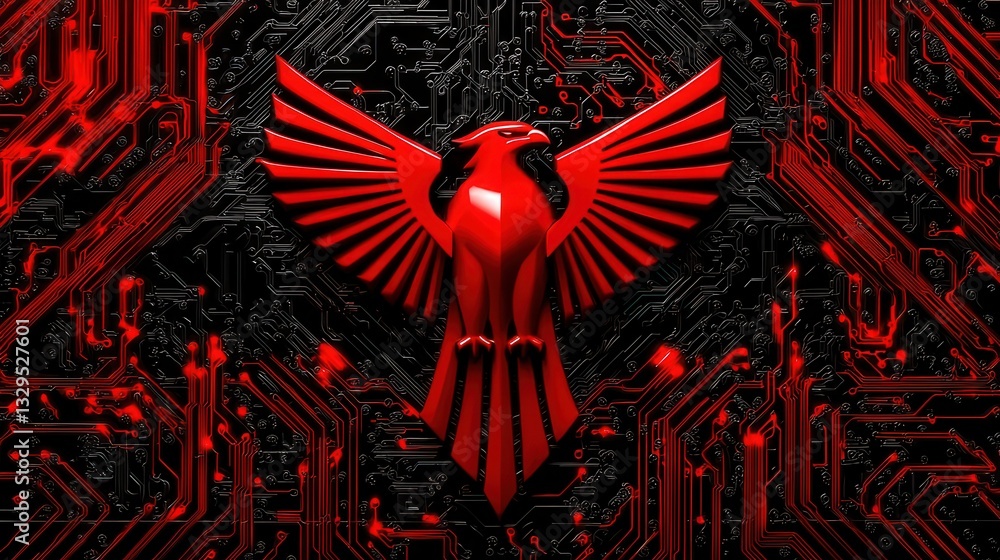 Poster A bold and dynamic digital composition featuring a powerful red phoenix symbol against a futuristic cyberpunk inspired background of intricate electronic circuits and patterns
